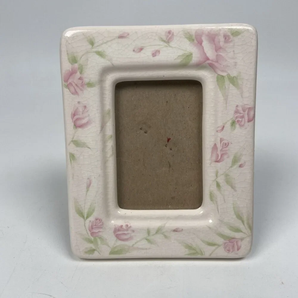 Burnes Ceramic Photo Picture Frame White Pink Floral Rose  Cottage 4.5